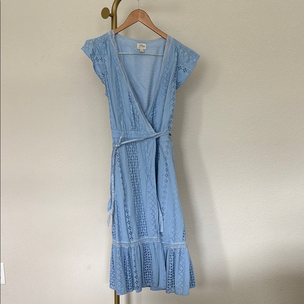 J. Crew Blue eyelet Wrap Midi Sundress with Flutter Sleeves